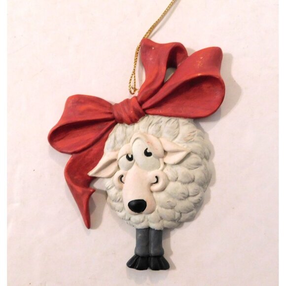 Vintage Whimsical Sheep Christmas Ornament Red Bow Funny Holiday Decorations - Picture 1 of 3